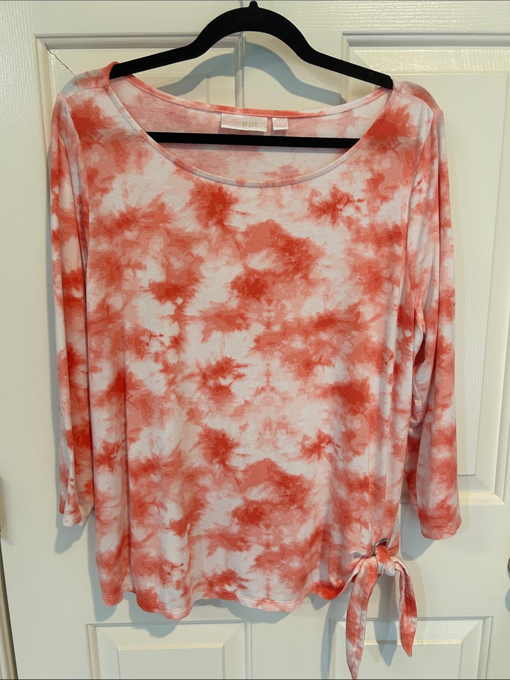 Belle by Kim Gravel Coral and White Tie-Dye Long Sleeve Top with Side Tie